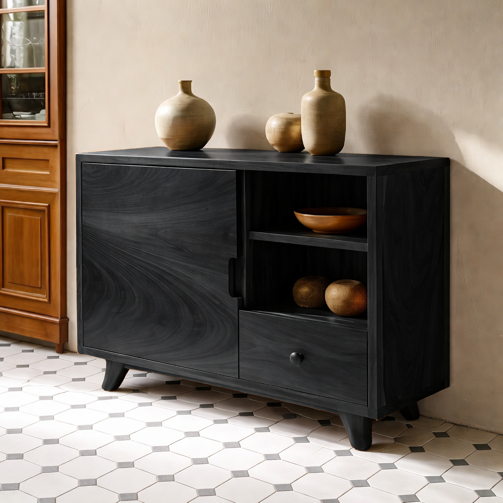Solid Wood Console Cabinet - Mid-Century Modern with Open Shelving and Drawers - view 4 of 7