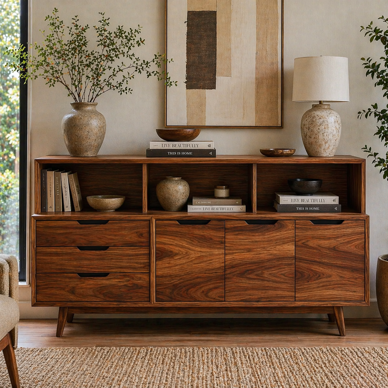 Mid Century Solid Wood Console Cabinet with Drawers & Open Shelf Storage - view 3 of 7
