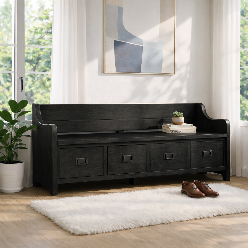Solid Wood Storage Bench with Drawers, Entryway Hallway Seating Cabinet - view 6 of 7