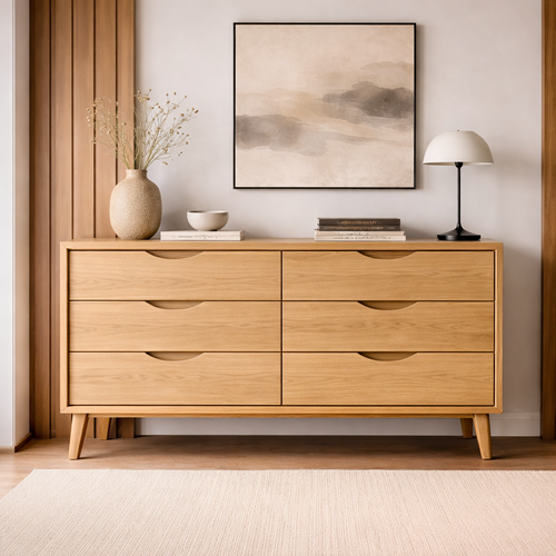 Solid Wood Console Cabinet with 6 Drawers – Modern Mid-Century Storage Sideboard - view 1 of 7