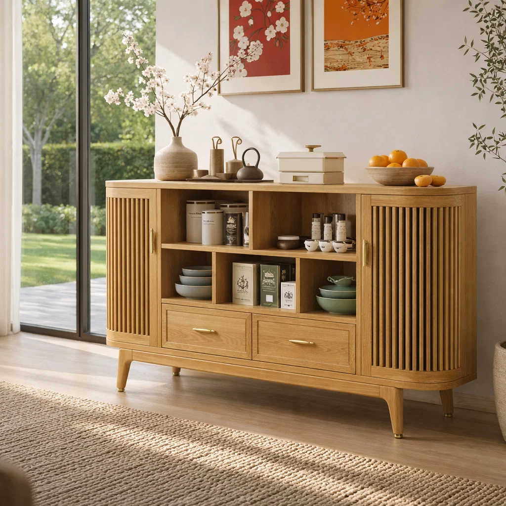 Mid Century Solid Wood Console Sideboard with Slatted Doors – Walnut Storage Cabinet - view 1 of 7