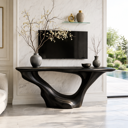 Solid Wood Console Table with Sculpted Curved Base, Modern Minimalist Design - view 4 of 7