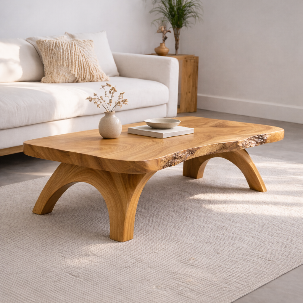 Live Edge Solid Wood Coffee Table with Sculpted Wooden Legs – Rustic Modern Center Table - view 4 of 7