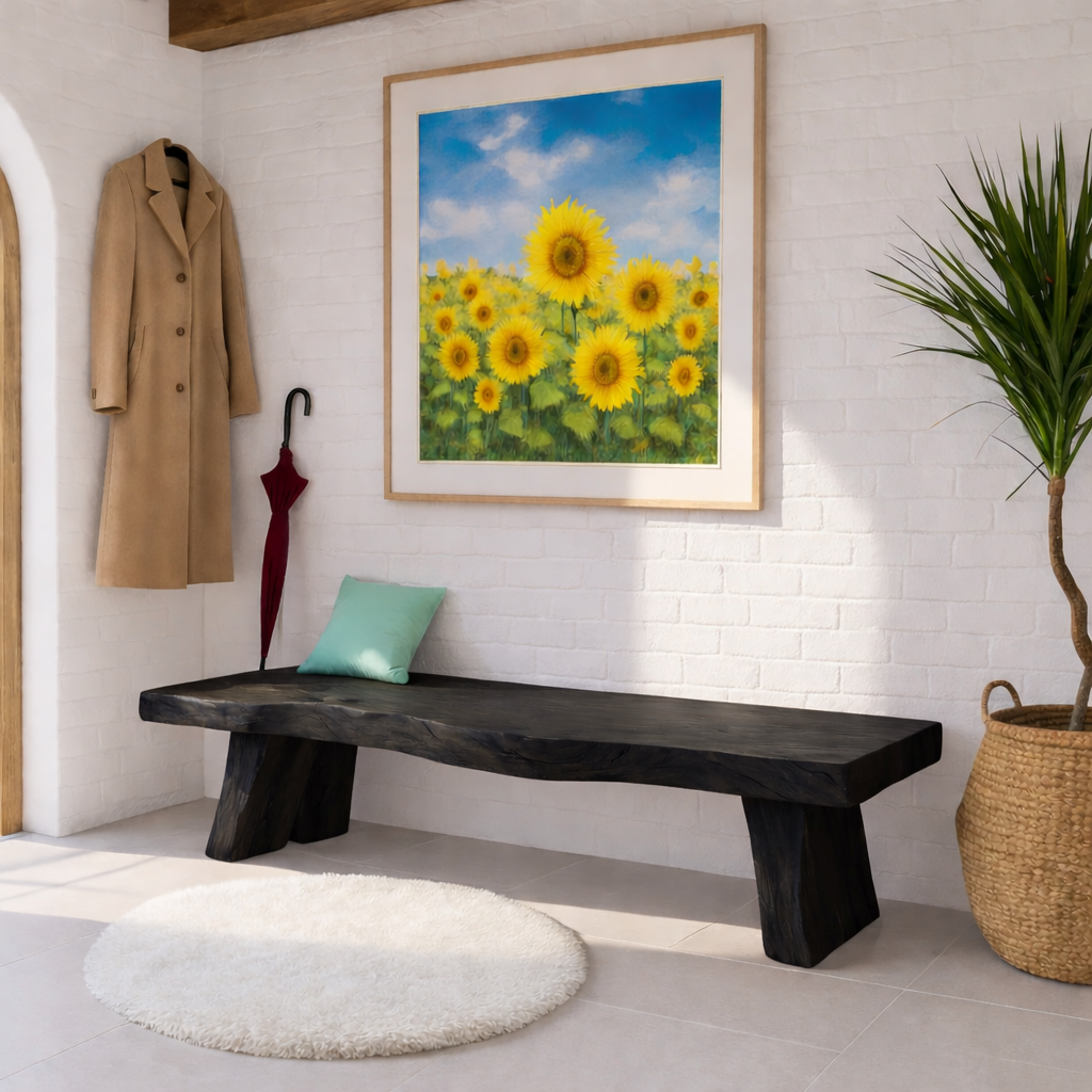 Solid Wood Entryway Bench with Sculptural Legs, Handmade Rustic Hallway Seat - view 7 of 7
