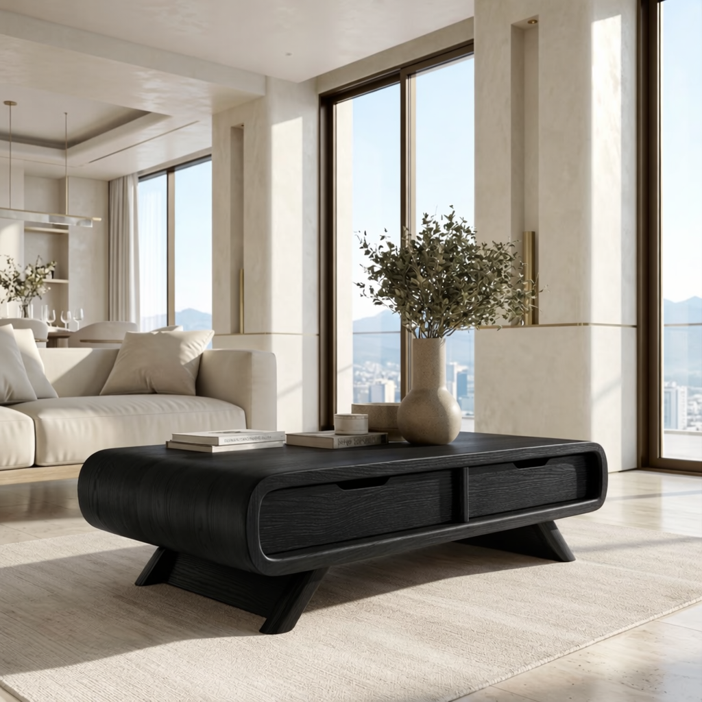 Modern Storage Coffee Table with Drawers, Minimalist Rounded Living Room Centerpiece - view 4 of 7