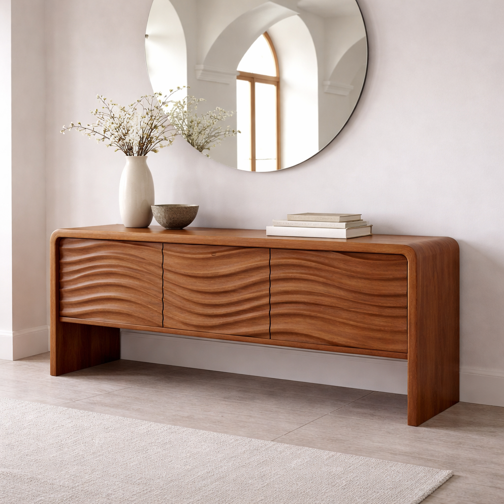 Solid Wood Console Table with Curved Frame and Wave Front – Modern Sideboard - view 3 of 7