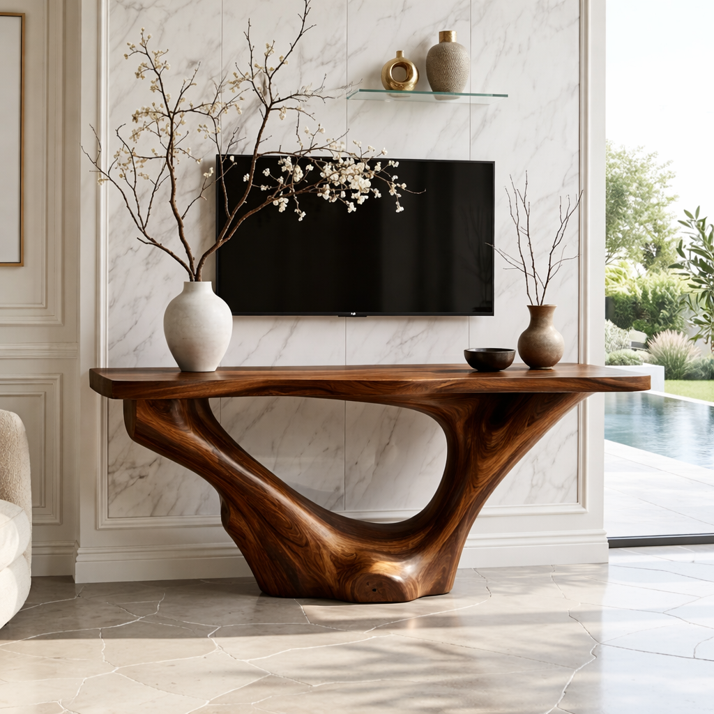 Solid Wood Console Table with Sculpted Curved Base, Modern Minimalist Design - view 3 of 7
