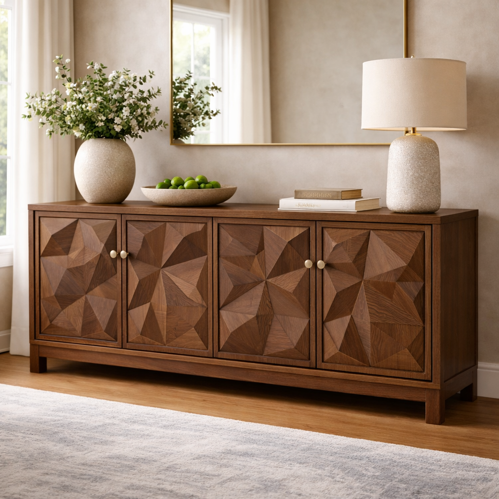 Solid Wood Console Cabinet with Geometric Carved Doors - view 3 of 7