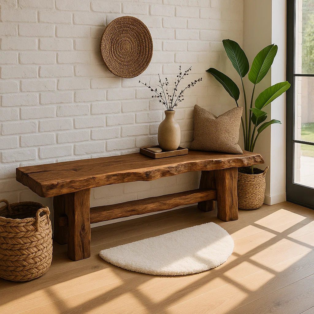 Live Edge Solid Wood Bench, Rustic Farmhouse Entryway Dining Seating - view 6 of 7