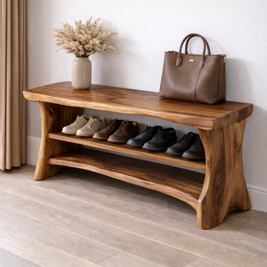 Solid Wood Entryway Bench with Shoe Storage Shelf – Natural Wood Shoe Rack Bench - view 3 of 7