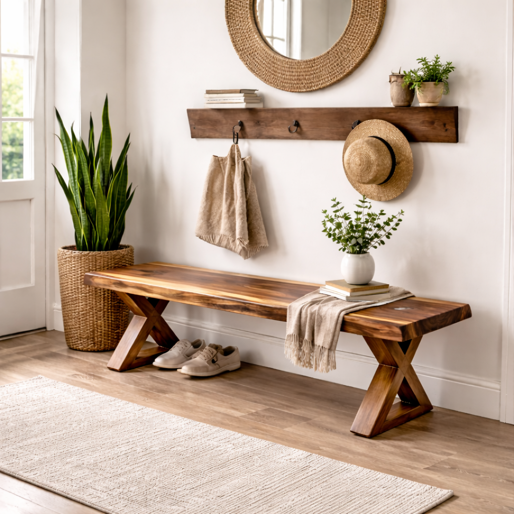 Solid Wood Entryway Bench with X-Leg Design | Rustic & Modern Hallway Seating - view 3 of 7