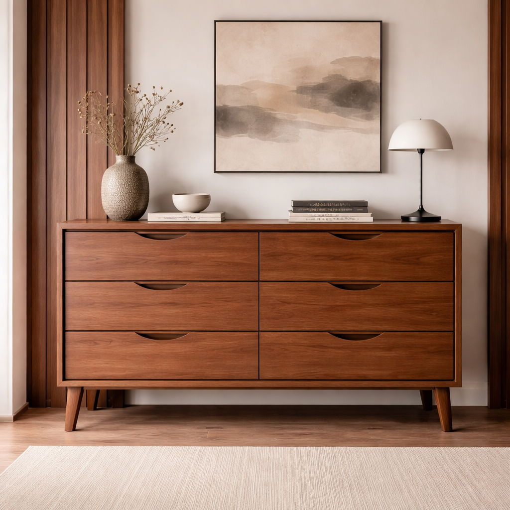 Solid Wood Console Cabinet with 6 Drawers – Modern Mid-Century Storage Sideboard - view 3 of 7
