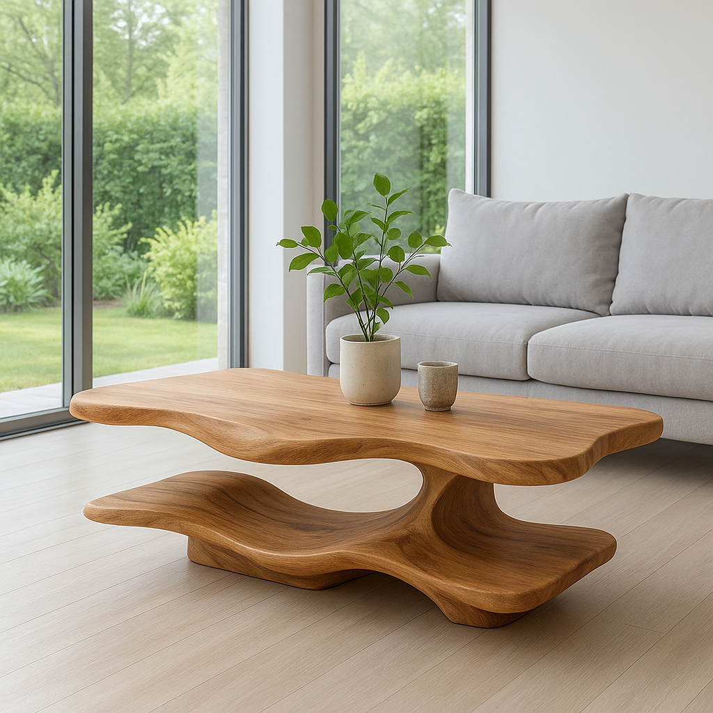 Solid Wood Coffee Table with Sculptural Curved Base and Organic Shape for Living Room - view 4 of 7