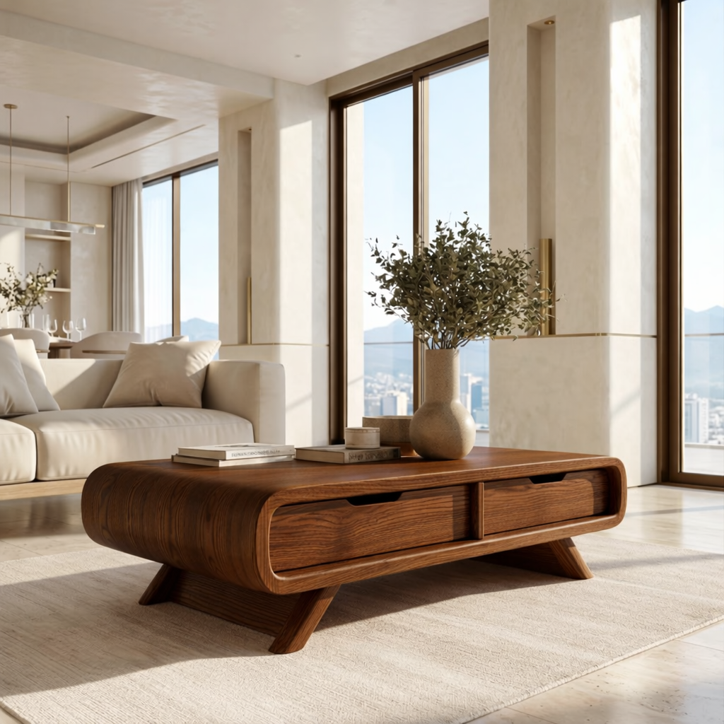 Modern Storage Coffee Table with Drawers, Minimalist Rounded Living Room Centerpiece - view 3 of 7