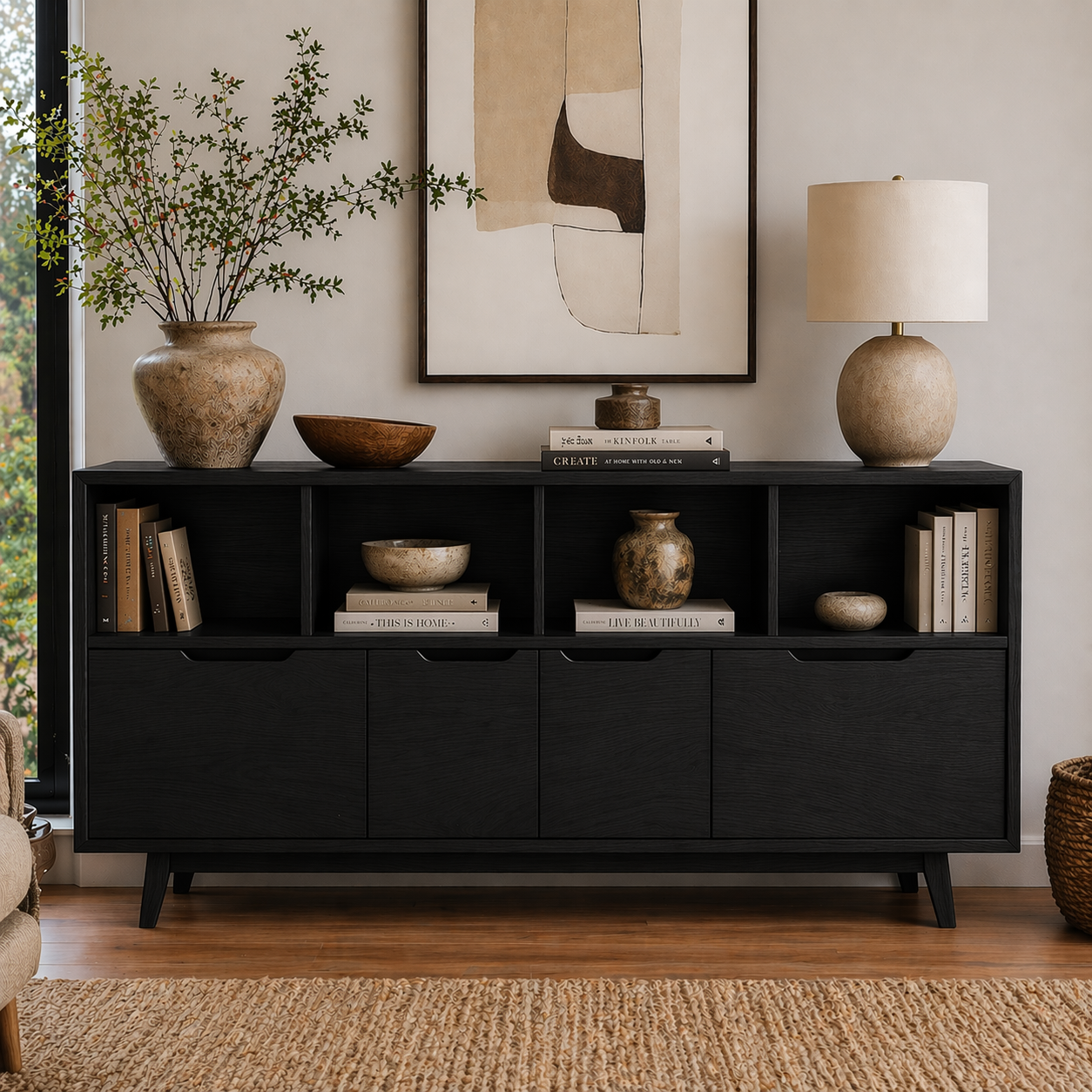 Mid Century Solid Wood Sideboard Cabinet with Drawers & Open Shelf Storage - view 4 of 7