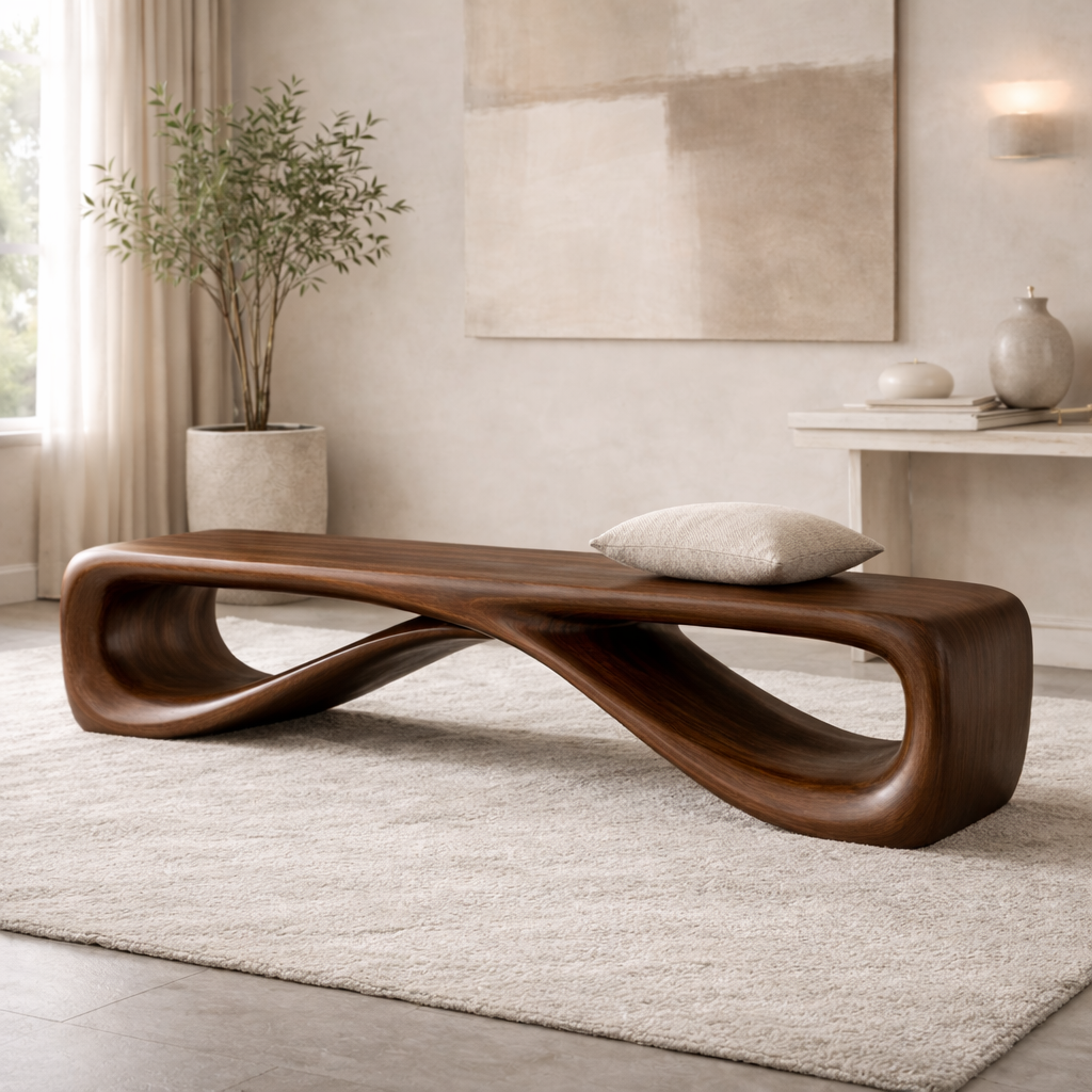 Contemporary Sculptural Entryway Bench, Curved Hallway Seating for Luxury Interiors - view 3 of 7
