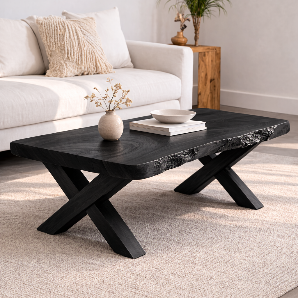 Live Edge Solid Wood Coffee Table with X-Frame Legs – Rustic Modern Living Room Table - view 2 of 7