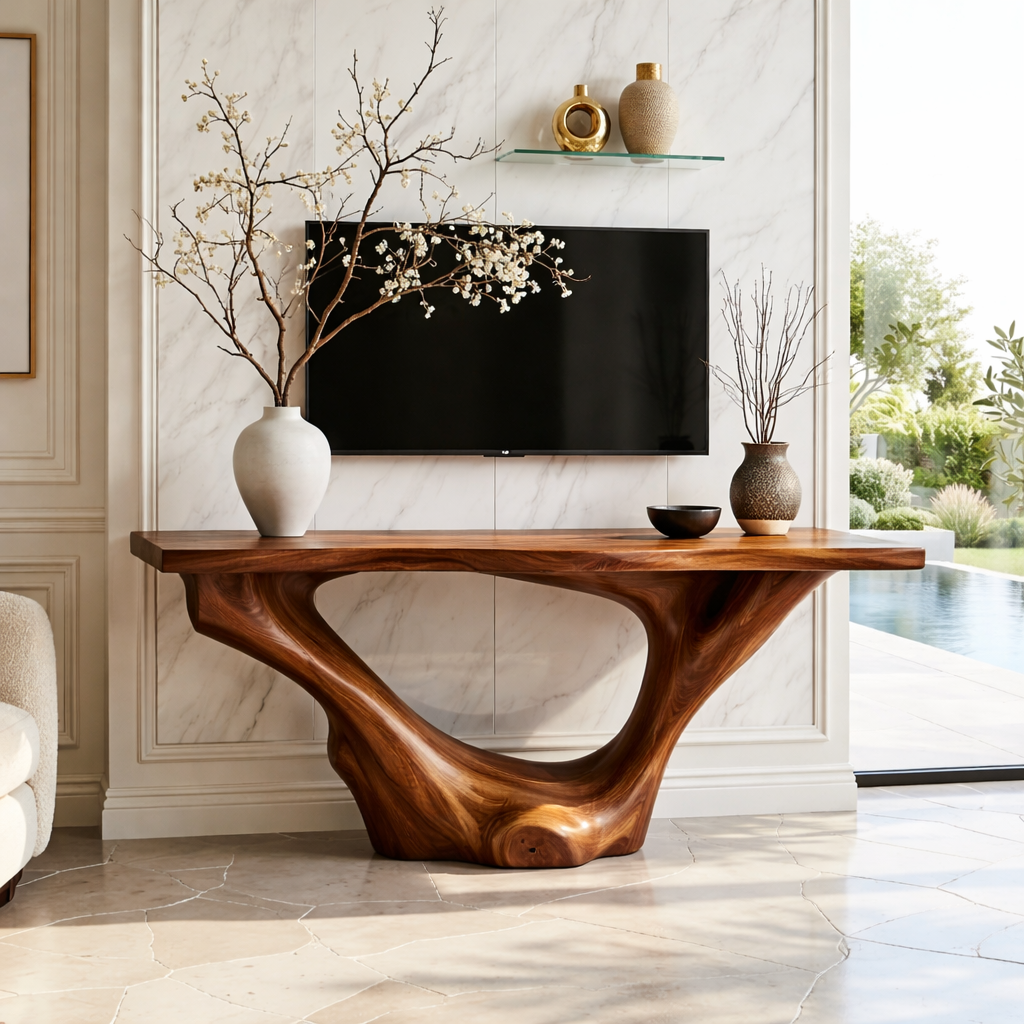 Solid Wood Console Table with Sculpted Curved Base, Modern Minimalist Design - view 2 of 7