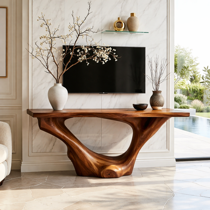 Solid Wood Console Table with Sculpted Curved Base, Modern Minimalist Design - view 2 of 7