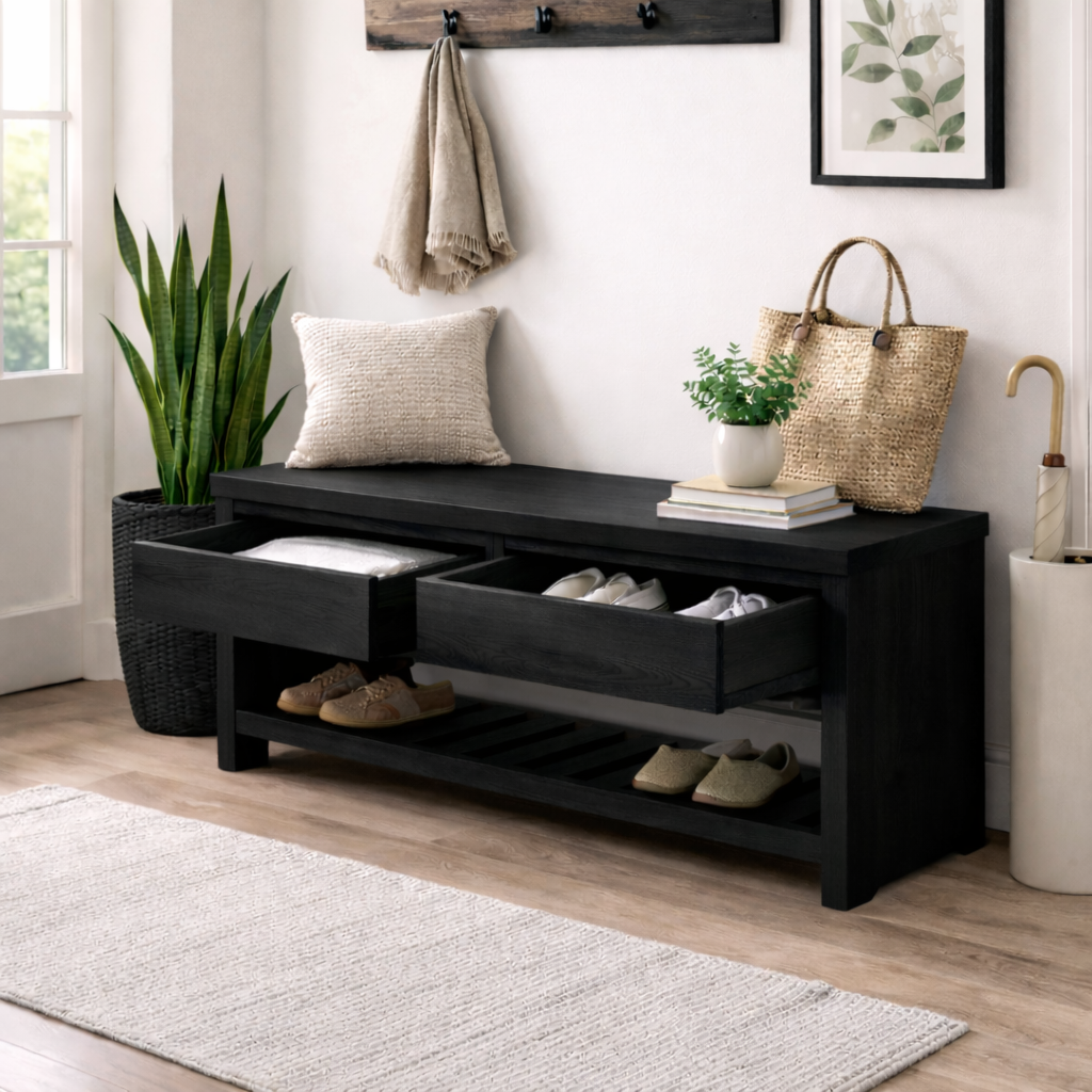 Wood Entryway Bench with Storage Drawers | Modern Hallway Seating & Shoe Rack - view 4 of 7