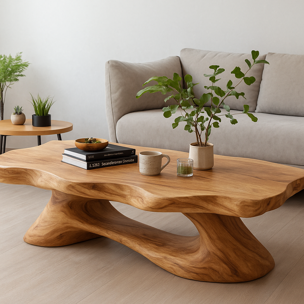 Solid Wood Coffee Table Modern Live Edge Natural Wood with Sculptural Base - view 4 of 7