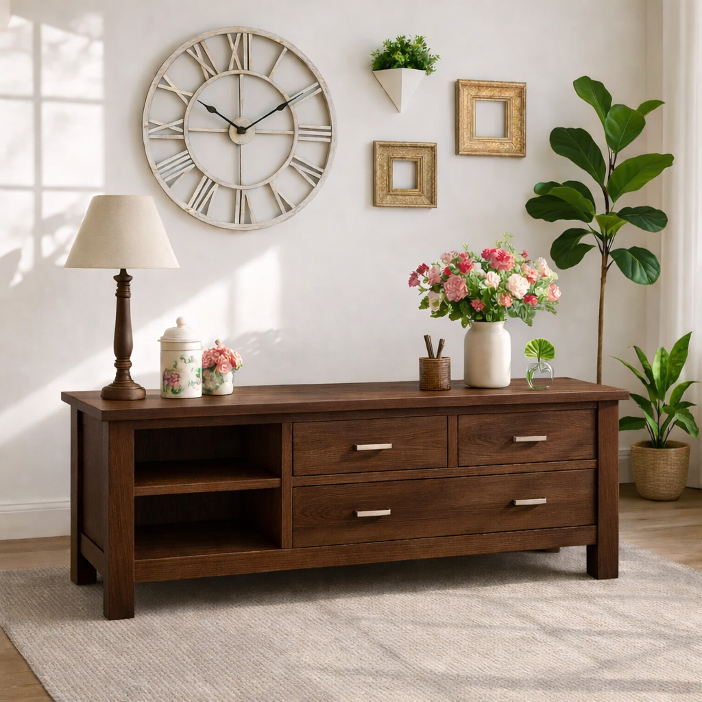 Solid Wood Console Table with Drawers, Farmhouse Wood Media Cabinet with Storage - view 6 of 7