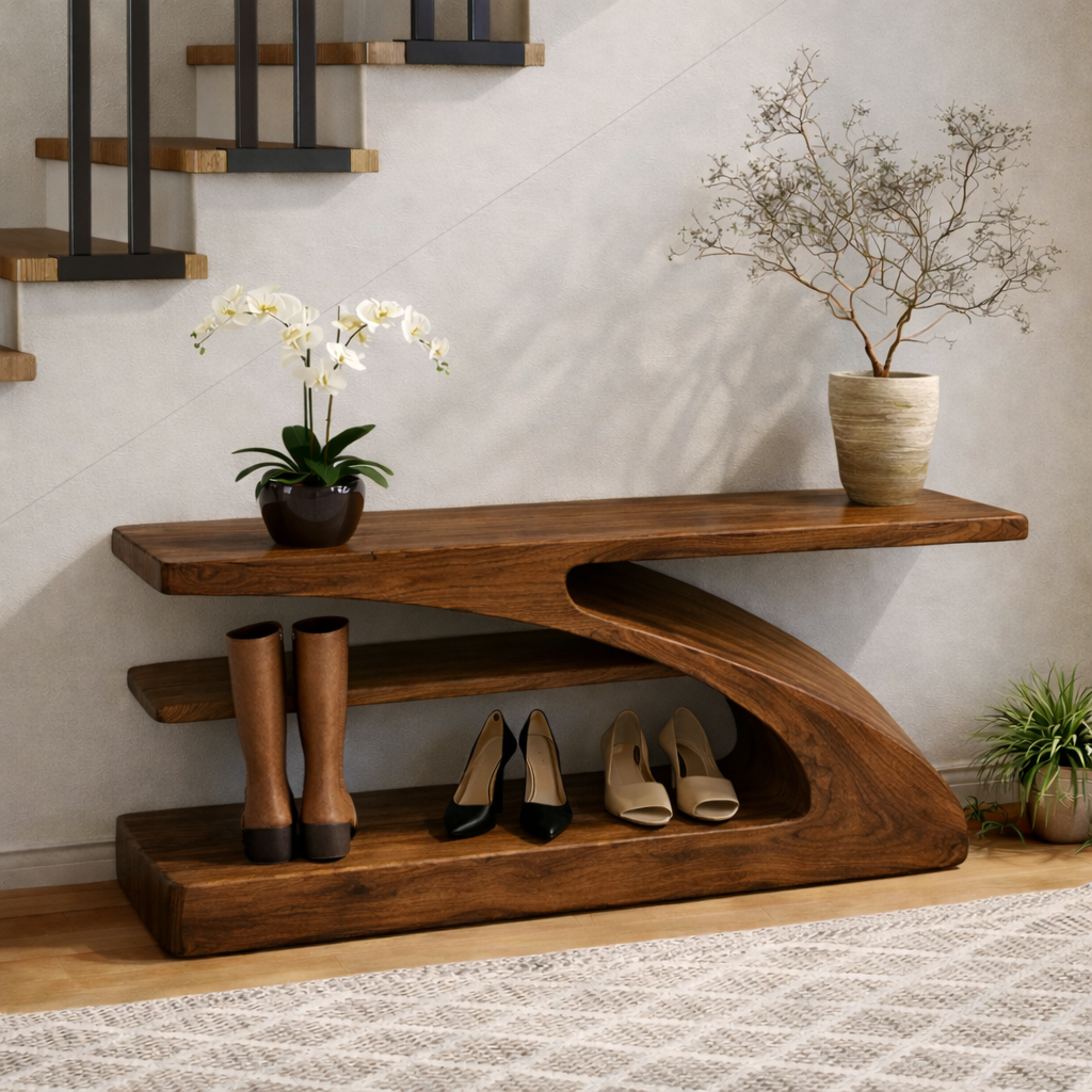 Modern Sculptural Solid Wood Entryway Bench with Shoe Storage - view 6 of 7