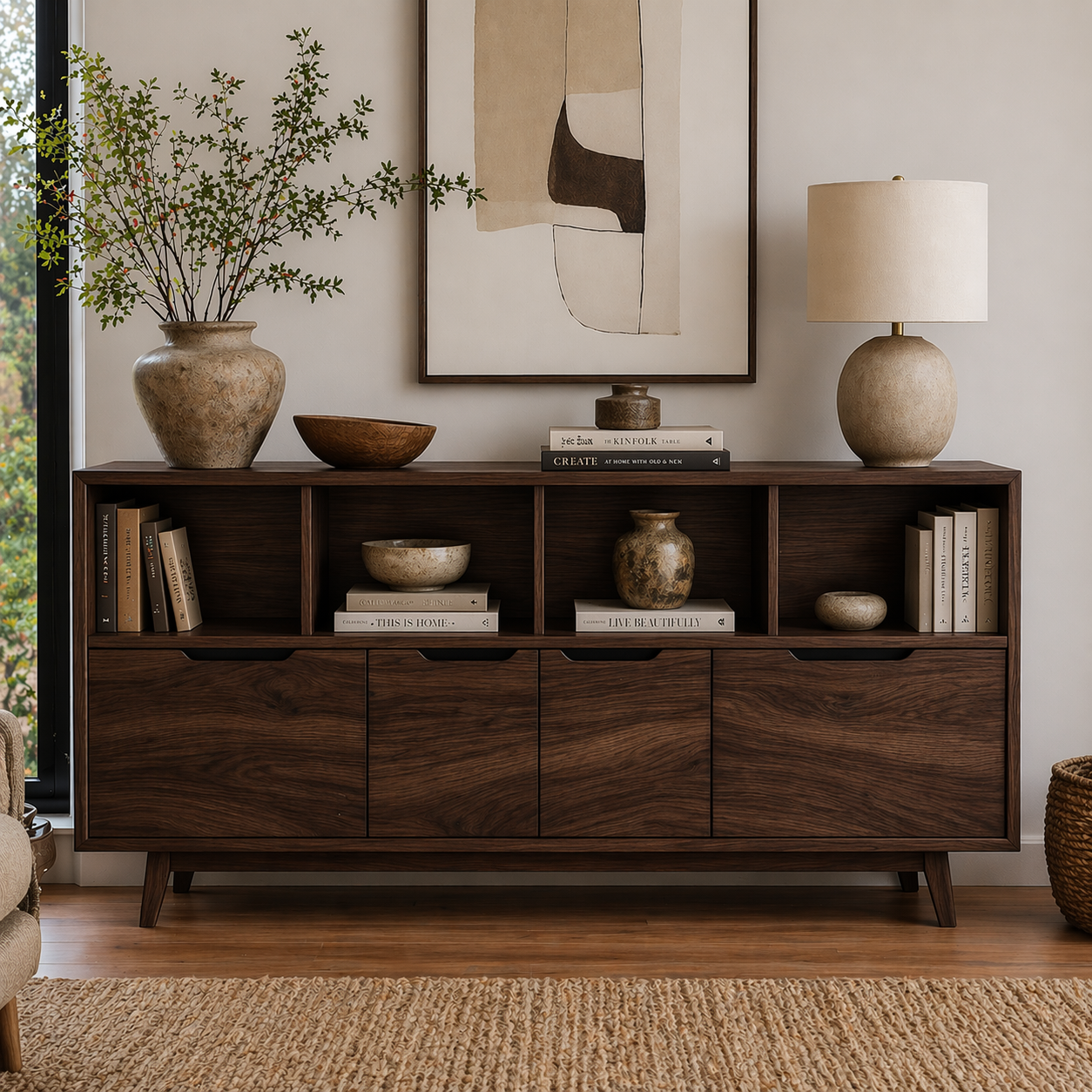 Mid Century Solid Wood Sideboard Cabinet with Drawers & Open Shelf Storage - view 2 of 7