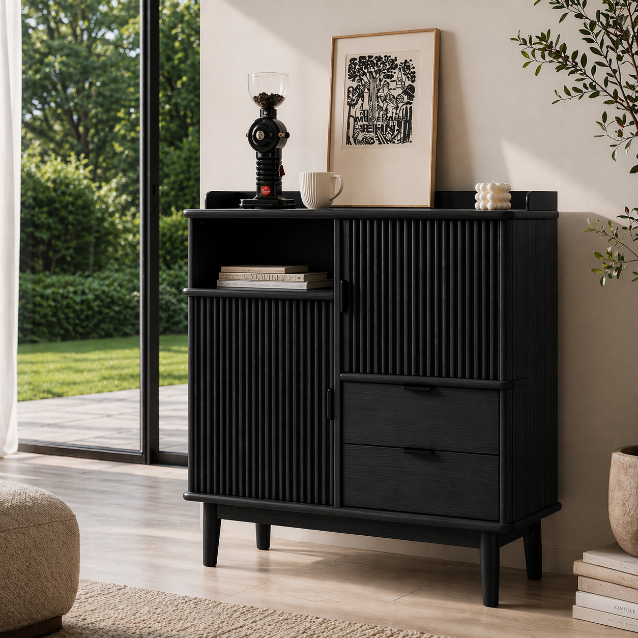 Solid Wood Console Sideboard with Fluted Doors – Mid Century Modern Storage Cabinet - view 4 of 7