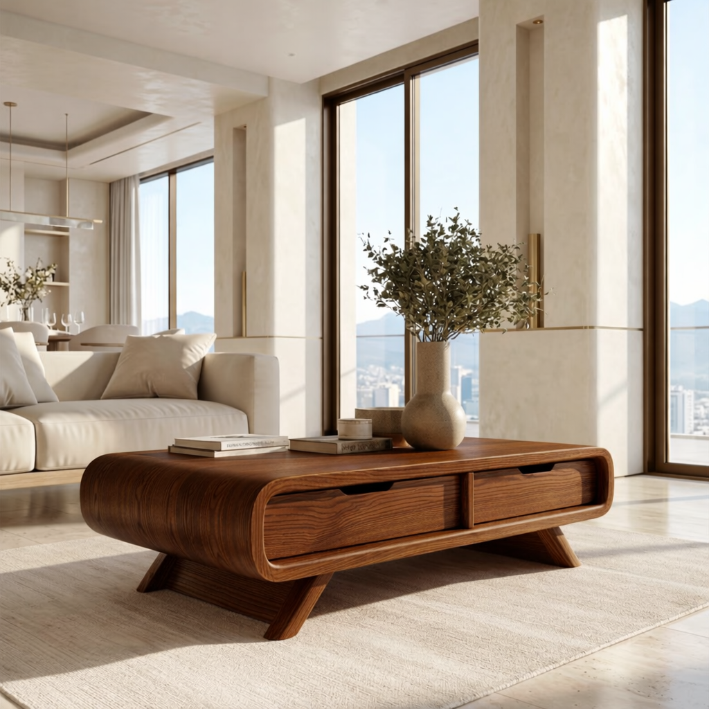 Modern Storage Coffee Table with Drawers, Minimalist Rounded Living Room Centerpiece - view 2 of 7