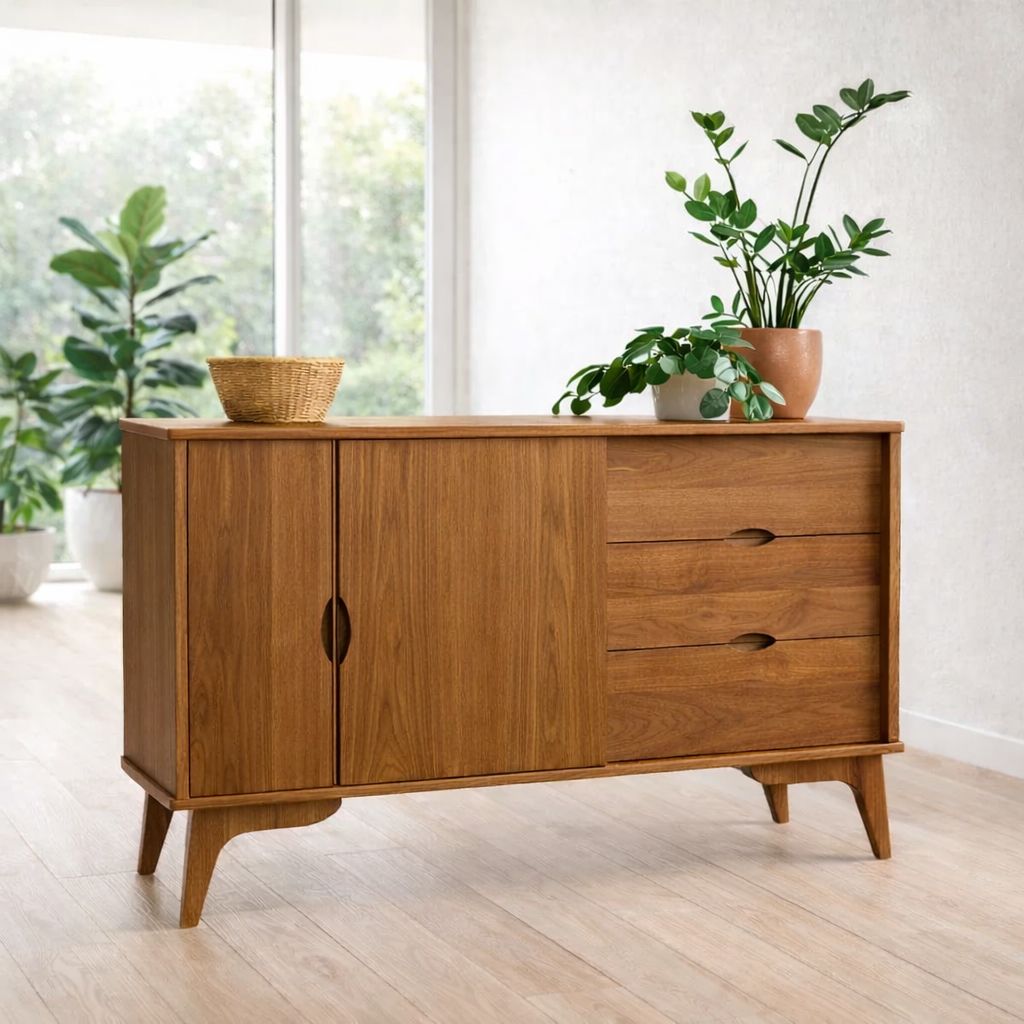 Mid Century Sideboard Cabinet with Drawers and Sliding Doors – Storage Console - view 3 of 7