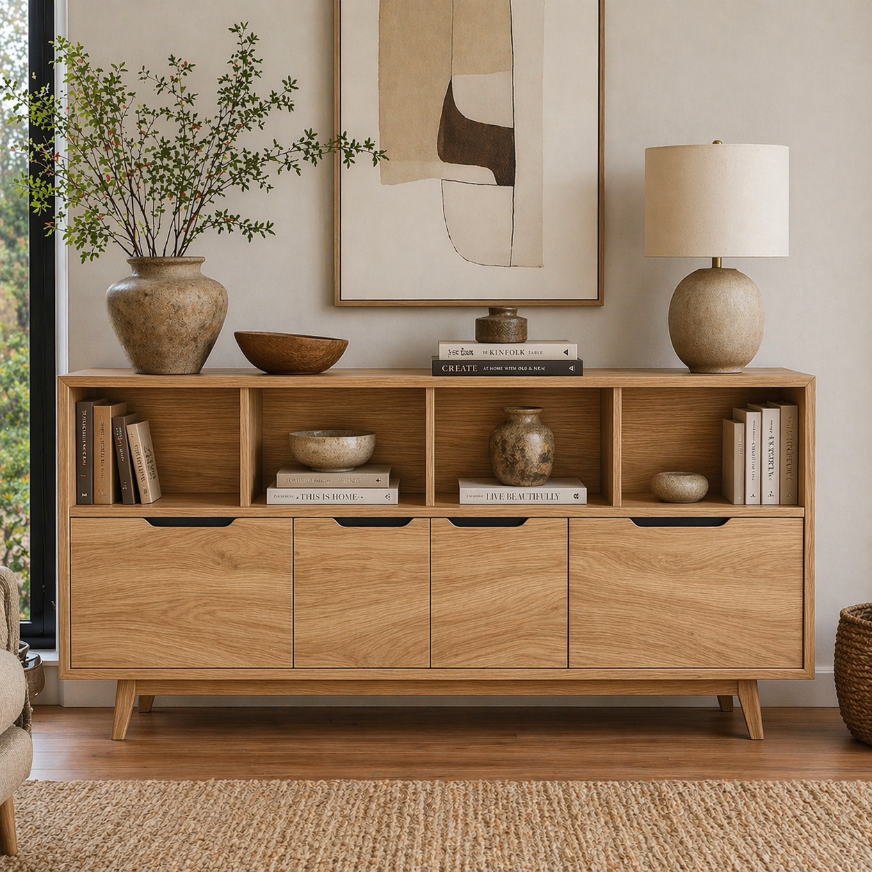 Mid Century Solid Wood Sideboard Cabinet with Drawers & Open Shelf Storage - view 1 of 7