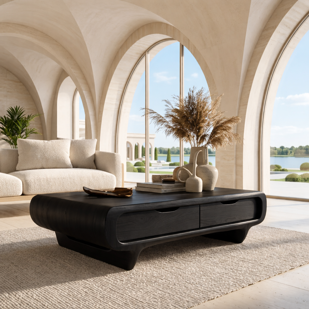 Modern Storage Coffee Table with Drawers, Rounded Minimalist Living Room Centerpiece - view 4 of 7