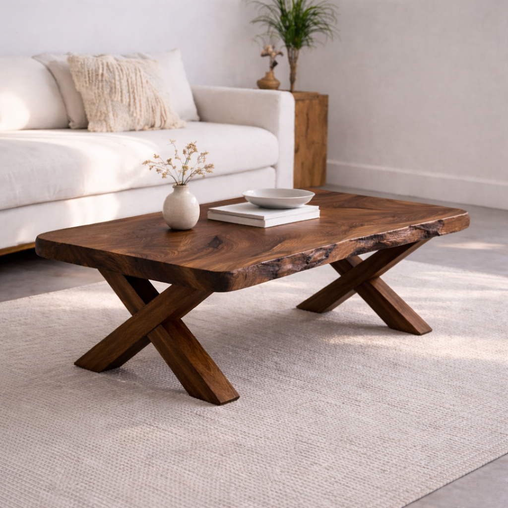 Live Edge Solid Wood Coffee Table with X-Frame Legs – Rustic Modern Living Room Table - view 3 of 7