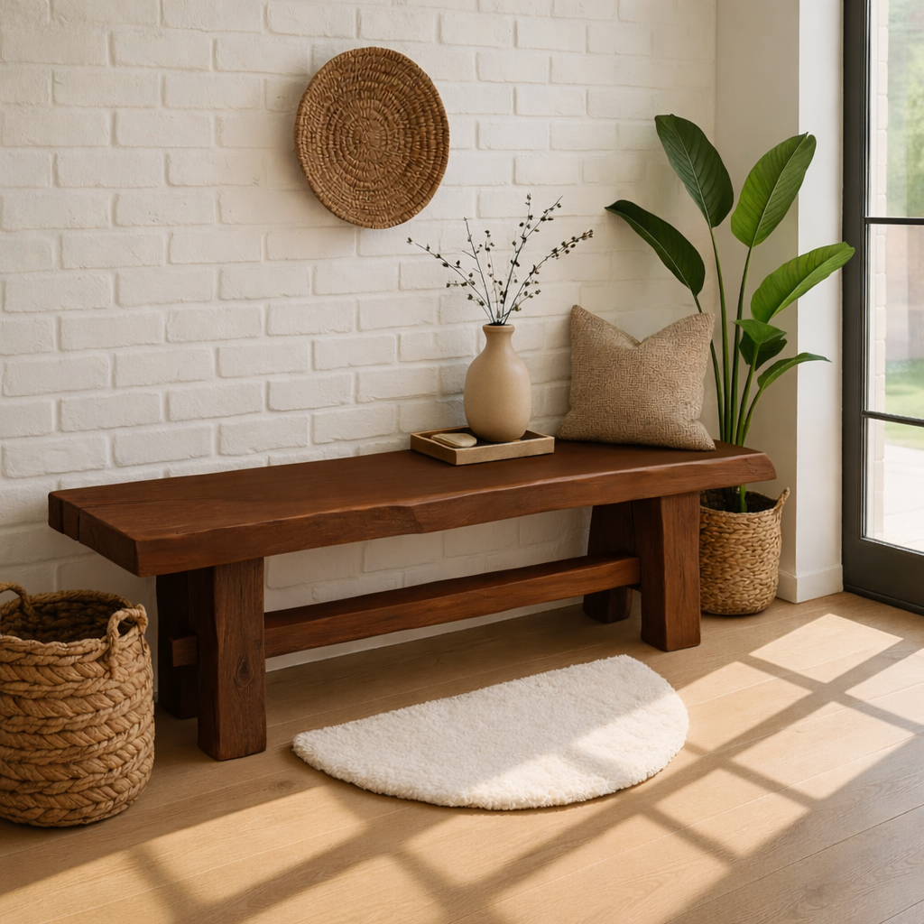 Live Edge Solid Wood Bench, Rustic Farmhouse Entryway Dining Seating - view 2 of 7