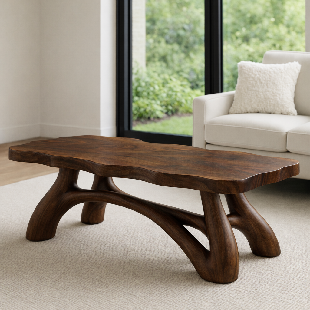 Solid Wood Coffee Table with Sculptural Curved Legs – Modern Living Room Table - view 4 of 7