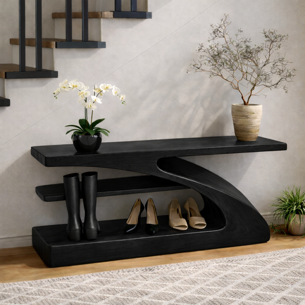 Modern Sculptural Solid Wood Entryway Bench with Shoe Storage - view 7 of 7