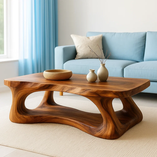 Solid Wood Coffee Table Modern Sculptural Base Natural Live Edge Design - view 1 of 7
