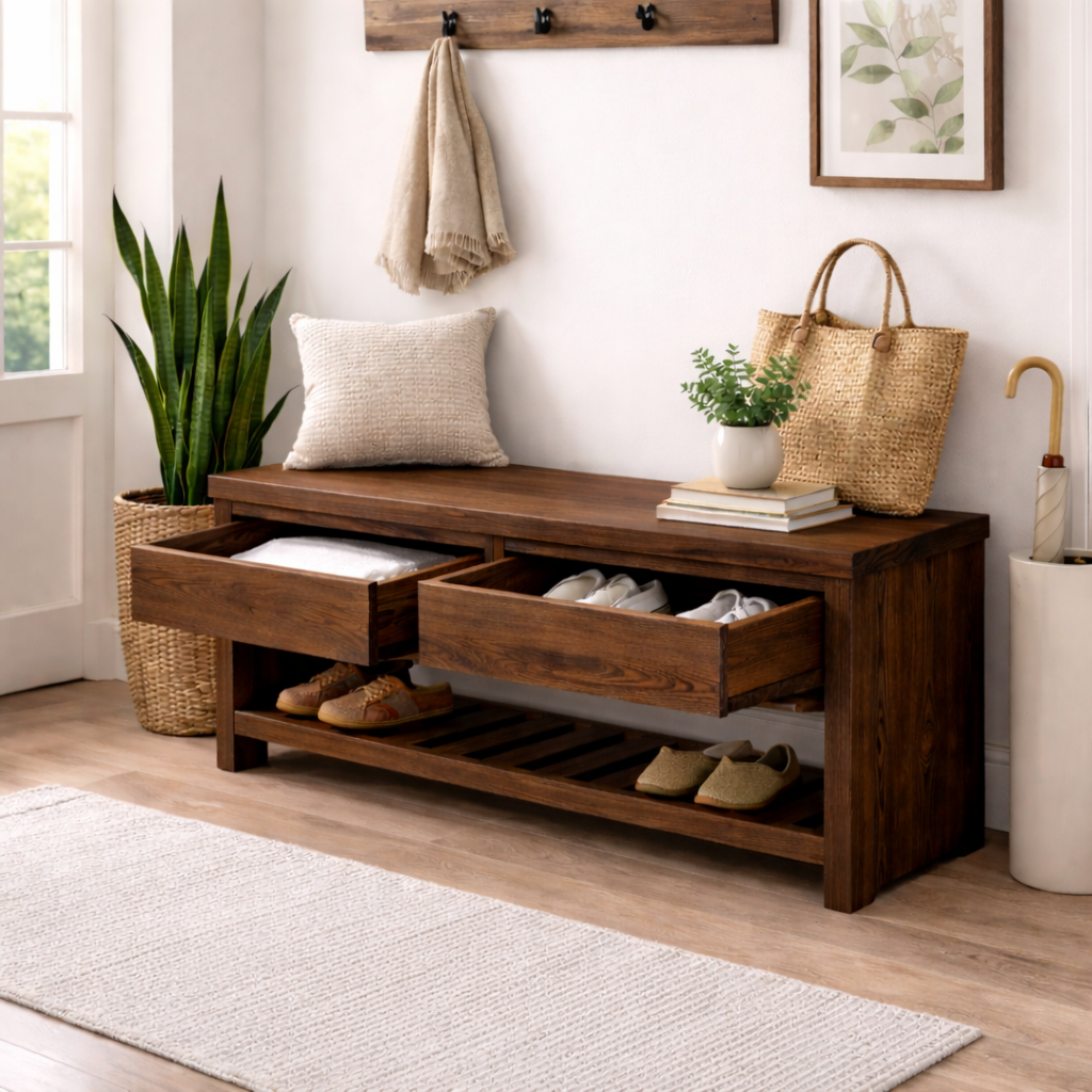 Wood Entryway Bench with Storage Drawers | Modern Hallway Seating & Shoe Rack - view 2 of 7