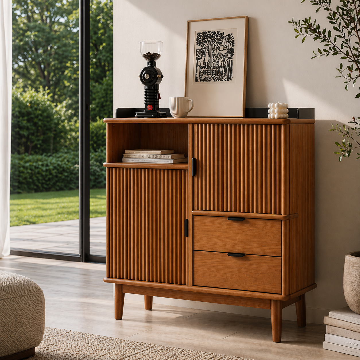 Solid Wood Console Sideboard with Fluted Doors – Mid Century Modern Storage Cabinet - view 3 of 7