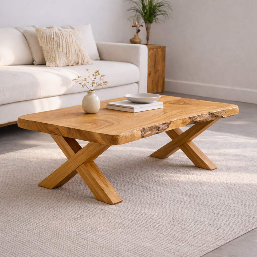 Live Edge Solid Wood Coffee Table with X-Frame Legs – Rustic Modern Living Room Table - view 4 of 7