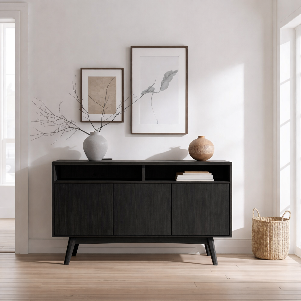 Mid-Century Modern Solid Wood Console Cabinet with Open Shelf and Storage - view 4 of 7