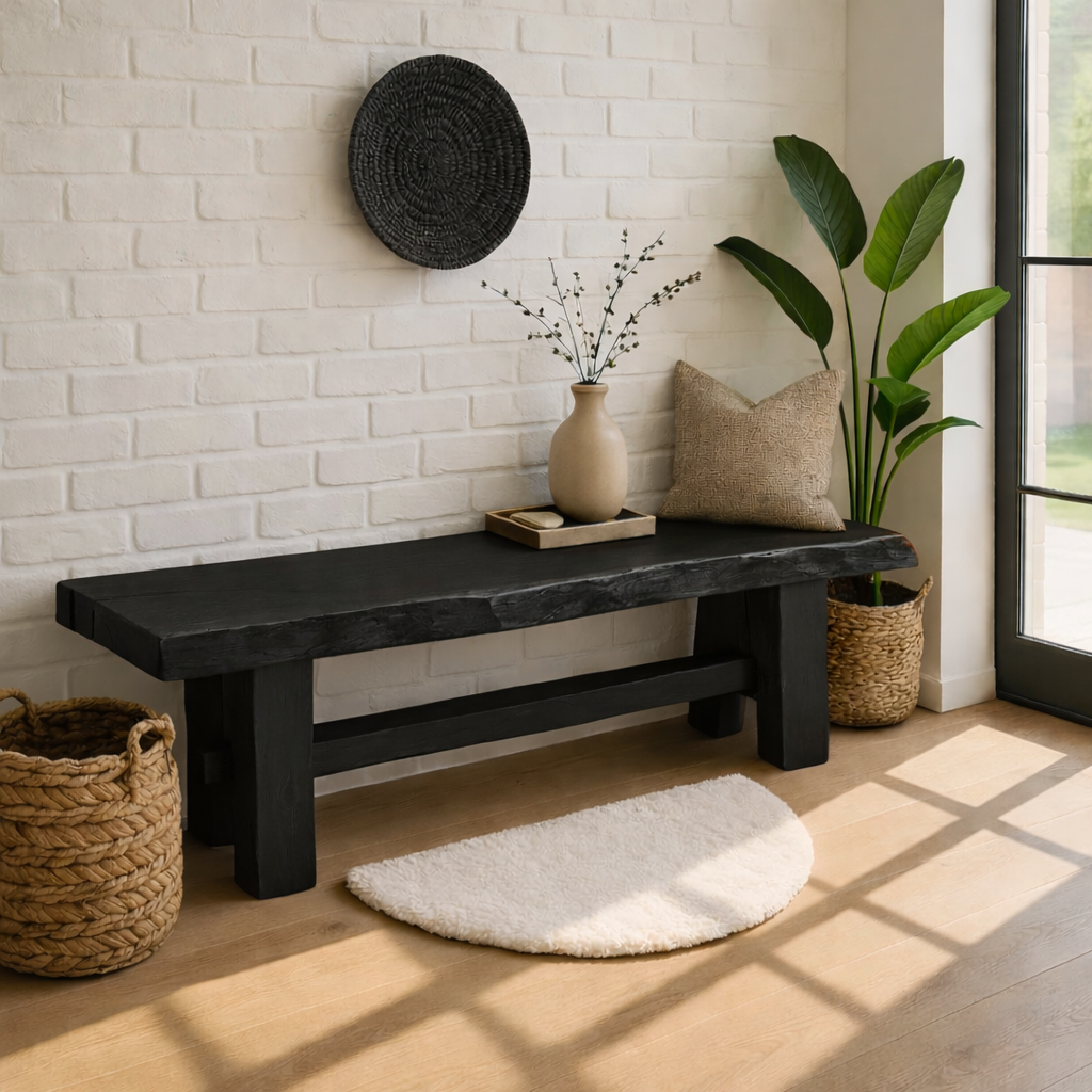 Live Edge Solid Wood Bench, Rustic Farmhouse Entryway Dining Seating - view 7 of 7