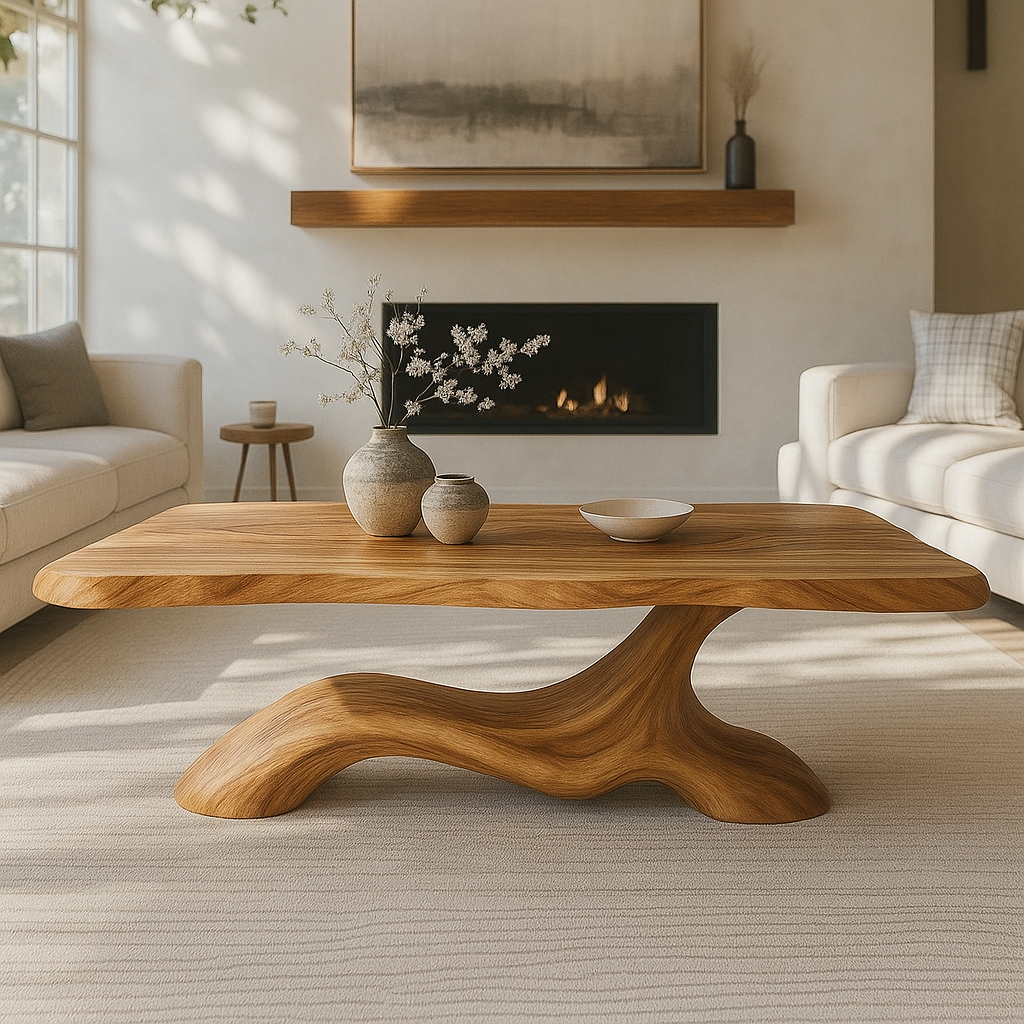 Solid Wood Coffee Table Modern Sculptural Base Natural Wood Design - view 4 of 7