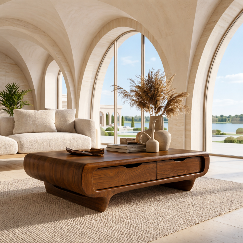Modern Storage Coffee Table with Drawers, Rounded Minimalist Living Room Centerpiece - view 3 of 7