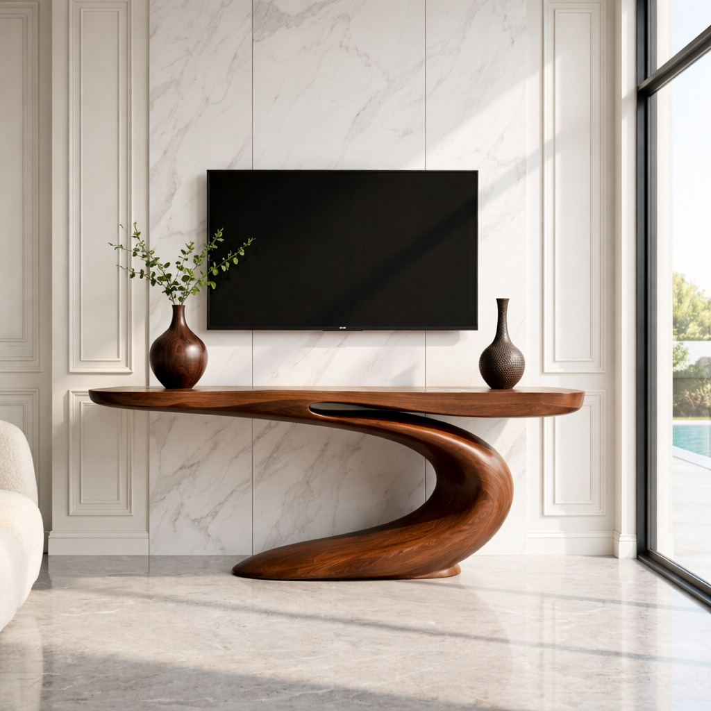 Solid Wood Console Table with Sculpted Curved Base, Modern Artistic Design - view 3 of 7