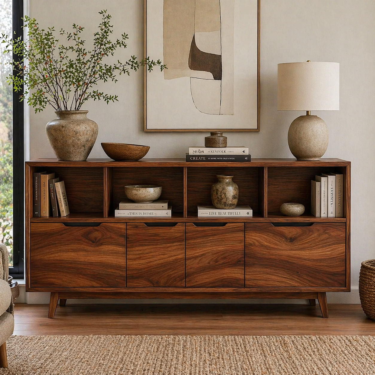 Mid Century Solid Wood Sideboard Cabinet with Drawers & Open Shelf Storage - view 3 of 7
