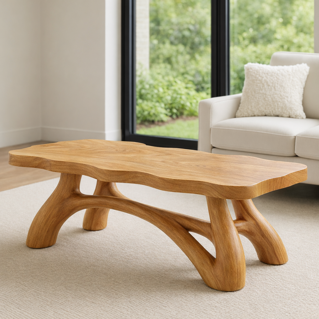 Solid Wood Coffee Table with Sculptural Curved Legs – Modern Living Room Table - view 1 of 7