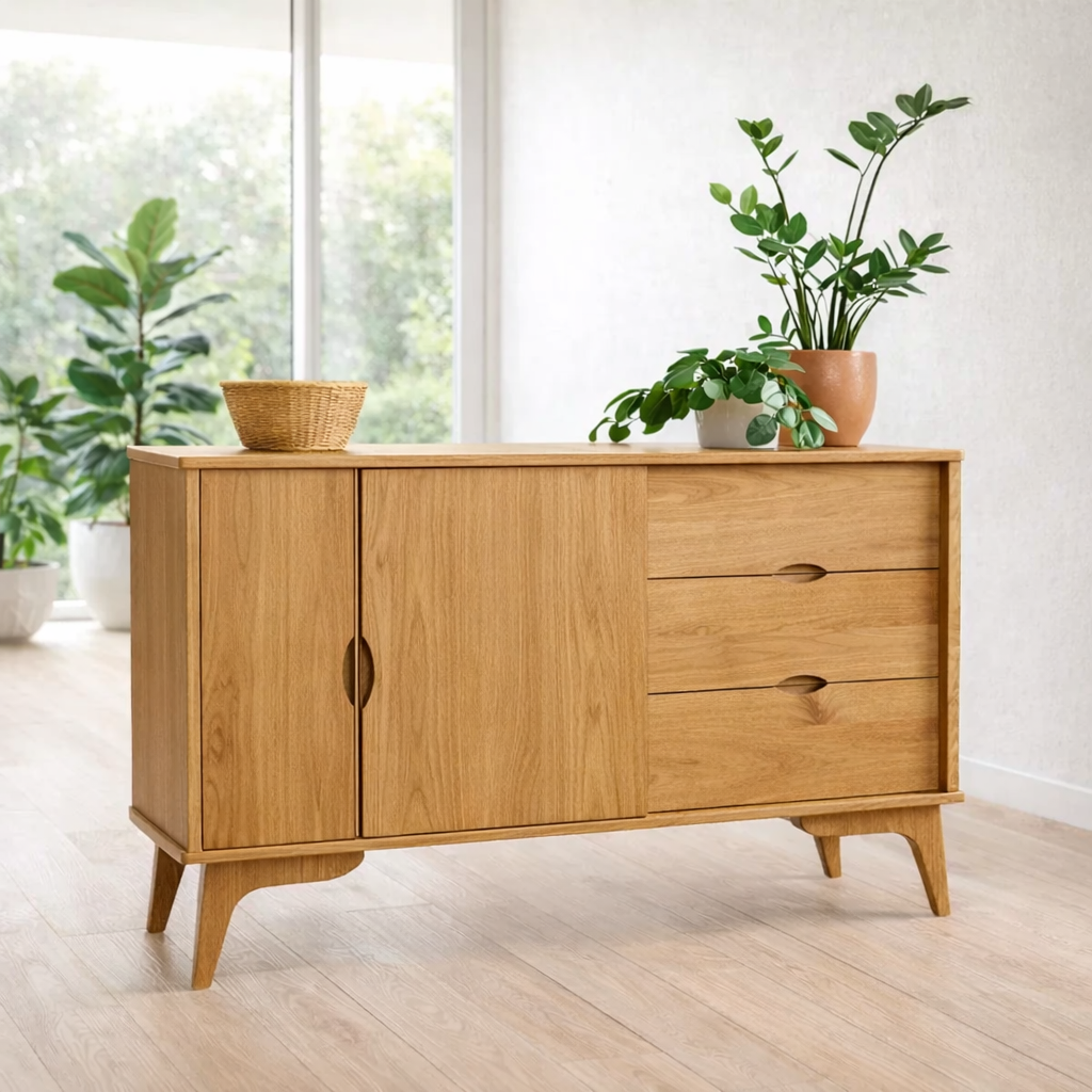 Mid Century Sideboard Cabinet with Drawers and Sliding Doors – Storage Console - view 1 of 7