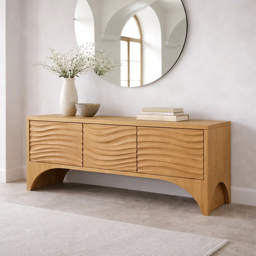 Solid Wood Console Table with Wave Front Drawers – Modern Entryway Storage Cabinet - view 1 of 7